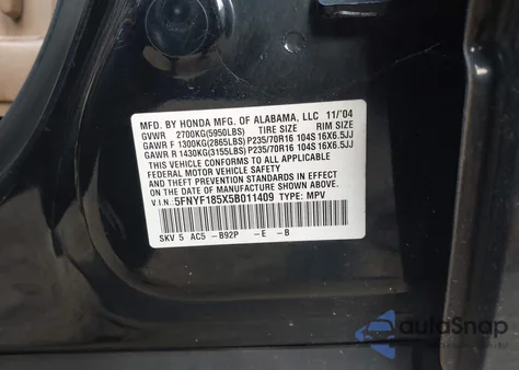 2005 Honda Pilot Ex-L из США, поврежденный, VIN 5FNYF185X5B011409